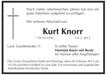 Traueranzeige von Kurt Knorr von Pegnitz-Zeitung